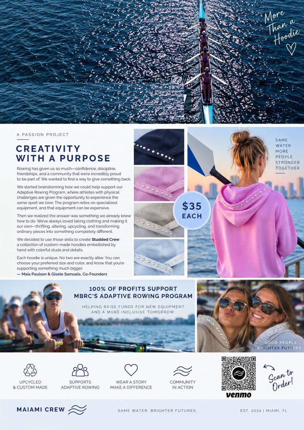 Studded Crew — style, community, a brighter tomorrow. $35 each. 100% of profits support MBRC's Adaptive Rowing Program.
